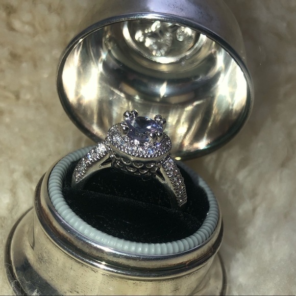 SILVER Tone Simulated Amethyst Halo Ring w Filigree Setting Sturdy Costume s7 - Picture 3 of 6